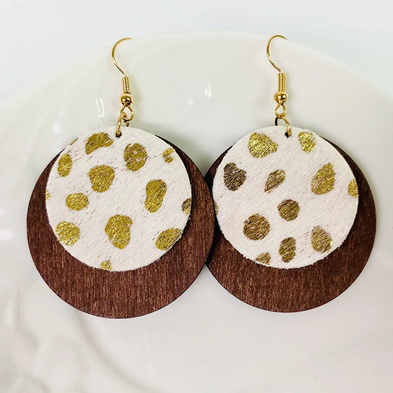 

Genuine Fur Leather Wooden Discs Earring, As pictures show