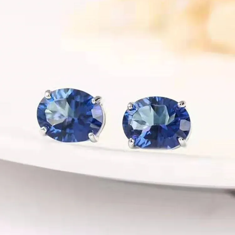 

factory direct sale gemstone jewelry 925 sterling silver 8x10mm natural tanzanite blue topaz stud earring for women