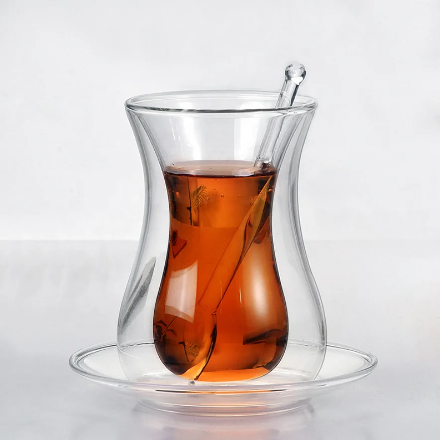 

150ml Heat-resistant double wall handmade small clear glass turkish tea cups coffee cup with saucer and spoon, Transparent