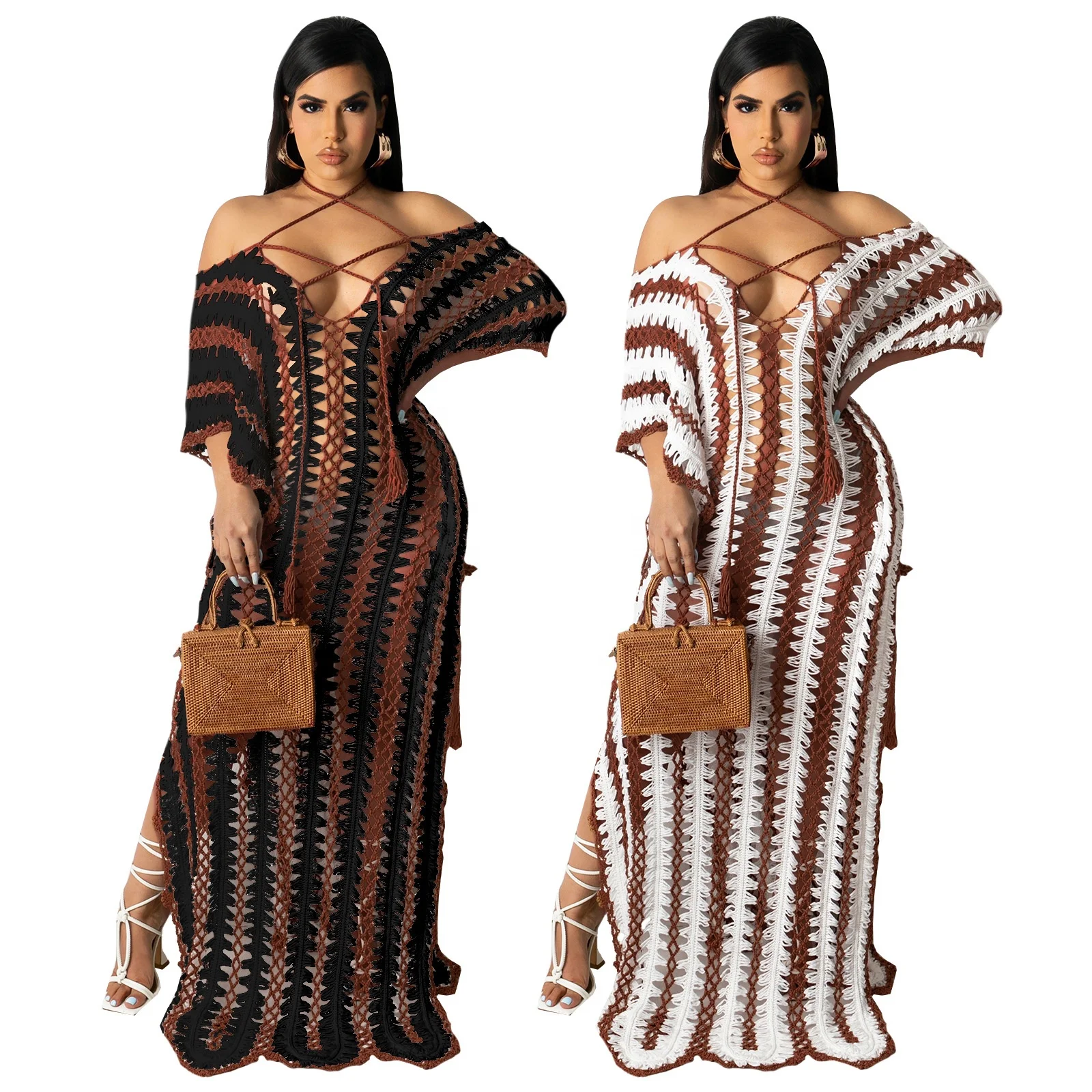 

MT19-429 Women Crochet Knitted Hollow Out See Through Bikinis Cover Up Loose Summer Beach Long Dress casual dresses women