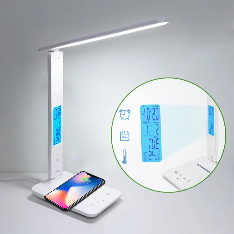 

10W QI Wireless Charging LED Desk Night Lamp With Calendar Temperature Alarm Clock Eye Protect Study Business Light Table Lamp