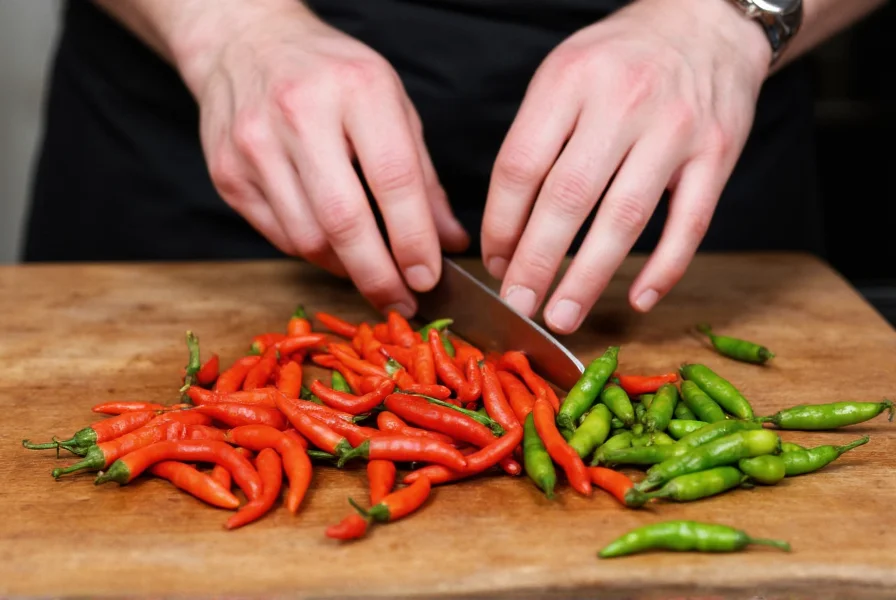 Chef's hands preparing various international chili peppers for cooking on cutting board