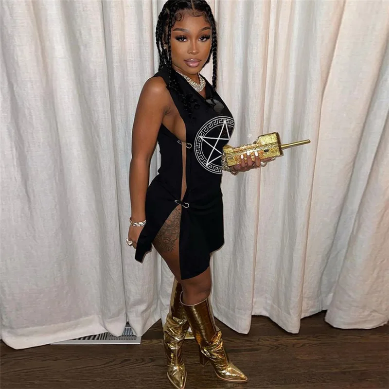 

X03151C Casual Printed Button Mini Dresses Sleeveless Sexy Side Split Women 2021 Active Workout O-Neck Street Style Basic Dress, Black