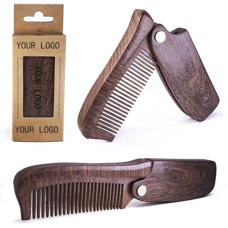 

Wholesale Handmade Custom Logo Travel Pocket Folding Natural Sandal Wooden Beard Grooming pocket knife comb with logo, Natural color