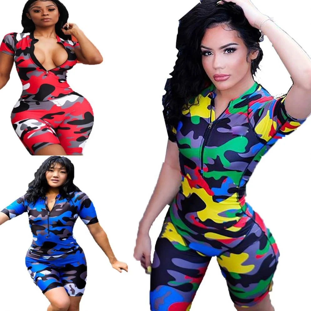 

LA3092 New Women's Casual Camouflage Zipper Fitness Yoga Jumpsuit