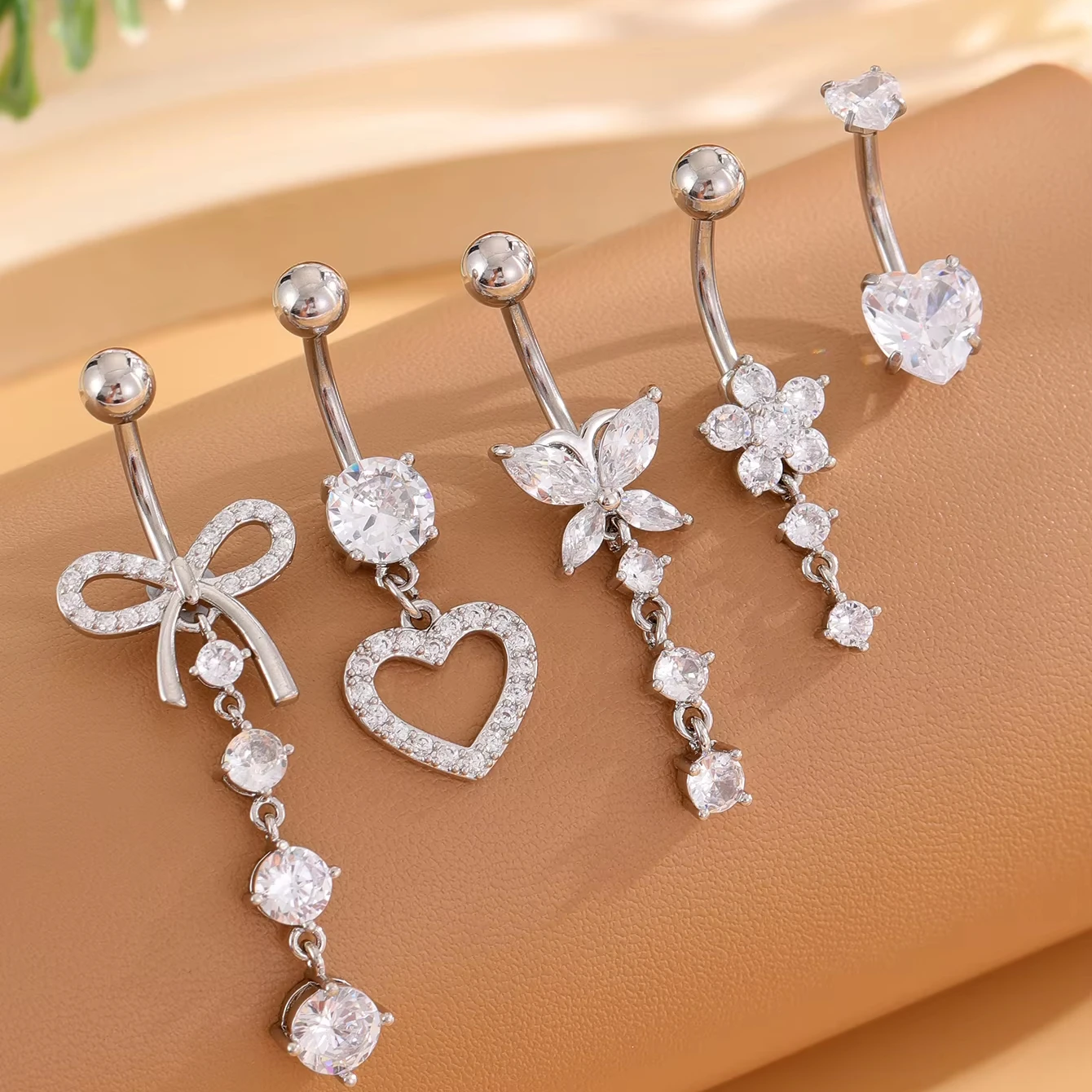 Set 5 316L Stainless Steel Curved Navel Rings Cute Body Piercing Jewelry Featuring Dangle Heart Butterfly Flower Wedding Gifts
