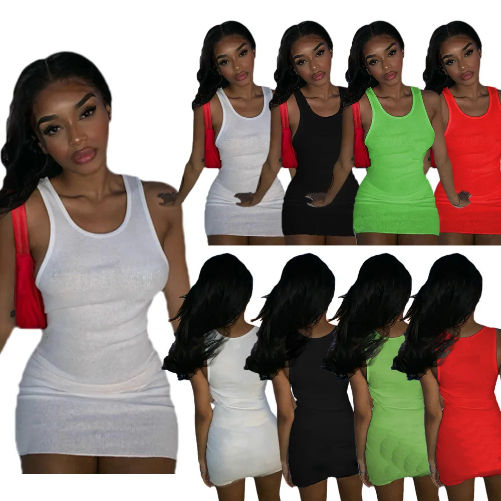 

Hot Summer Dress Sleeveless Solid Color Round Neck Ribbed Sexy Tank Dress Top Bodycon Knitting Women Casual Dresses, Green,red,black,white