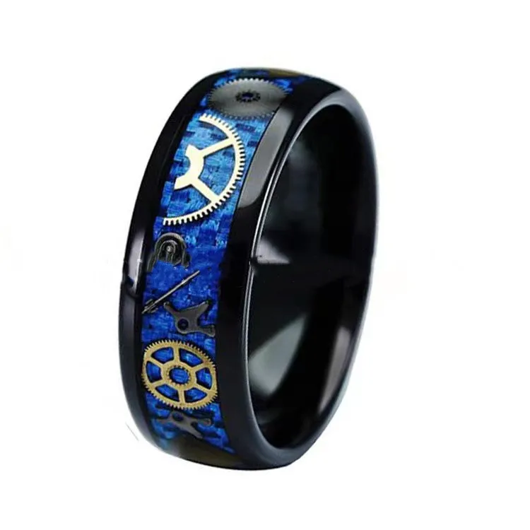 

Blue Carbon Fiber Inlaid Mechanical Watch Gear Parts Titanium and Stainless Steel Ring Set with Gemstone Silver Inlay