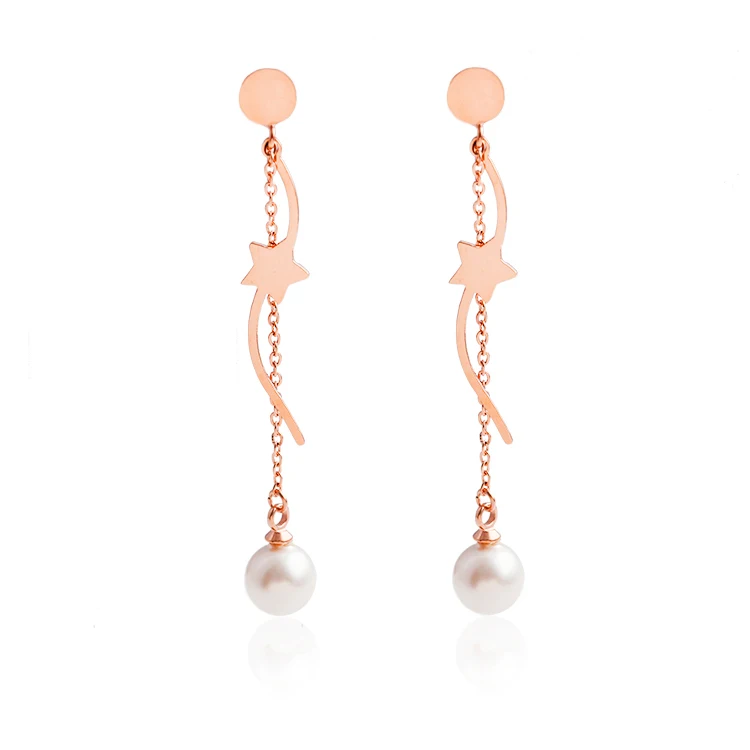 

New Design Good Quality Curve Star Hanging Pearl Earrings Women Shiny Long Earring Ladies Decoration, Rose gold