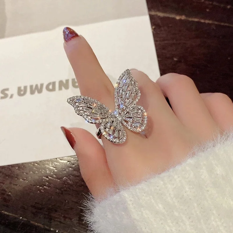 

New design fashion jewelry opening high-grade copper inlaid zircon butterfly ring luxury shiny cocktail party ring for women, 4 colors