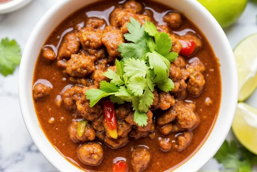 Bowl of finished pork chili verde with cilantro garnish and lime wedges