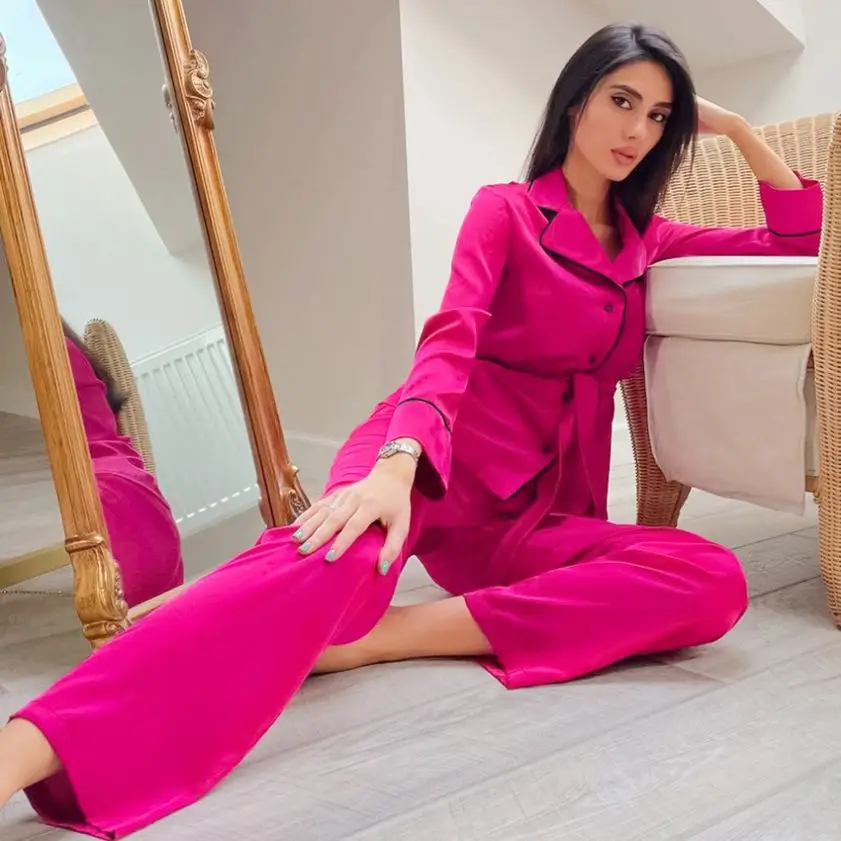 

2 Piece Woman Pajamas Set Sling Stain Long Pants Silk Sexy Sleepwear Woman