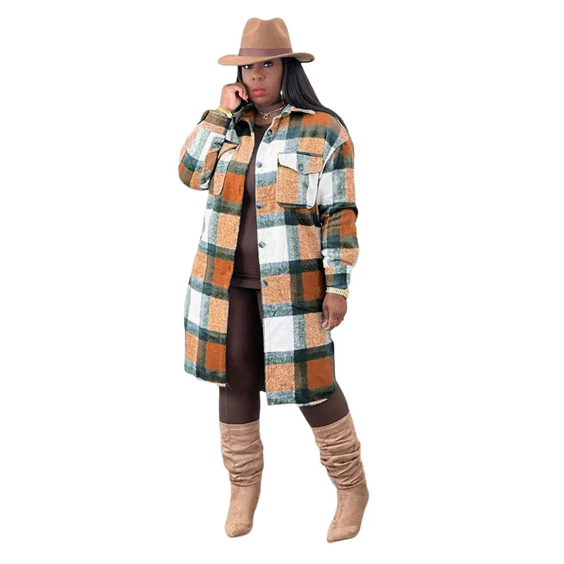 

Hot Sales Women Plus Size Clothes Autumn Lapel Plaid Jacket Long Sleeve Casual Woolen Jacket For Women