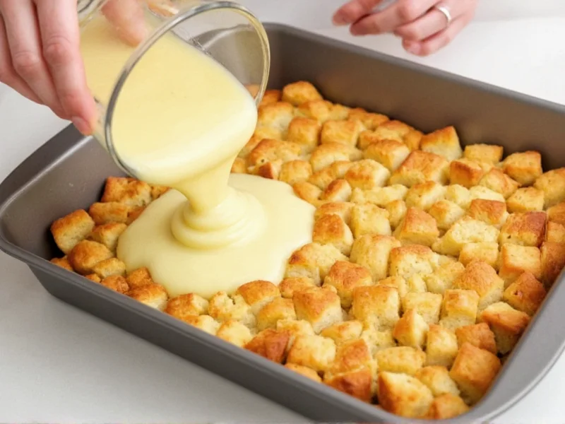 Hands pouring custard over bread cubes in baking dish