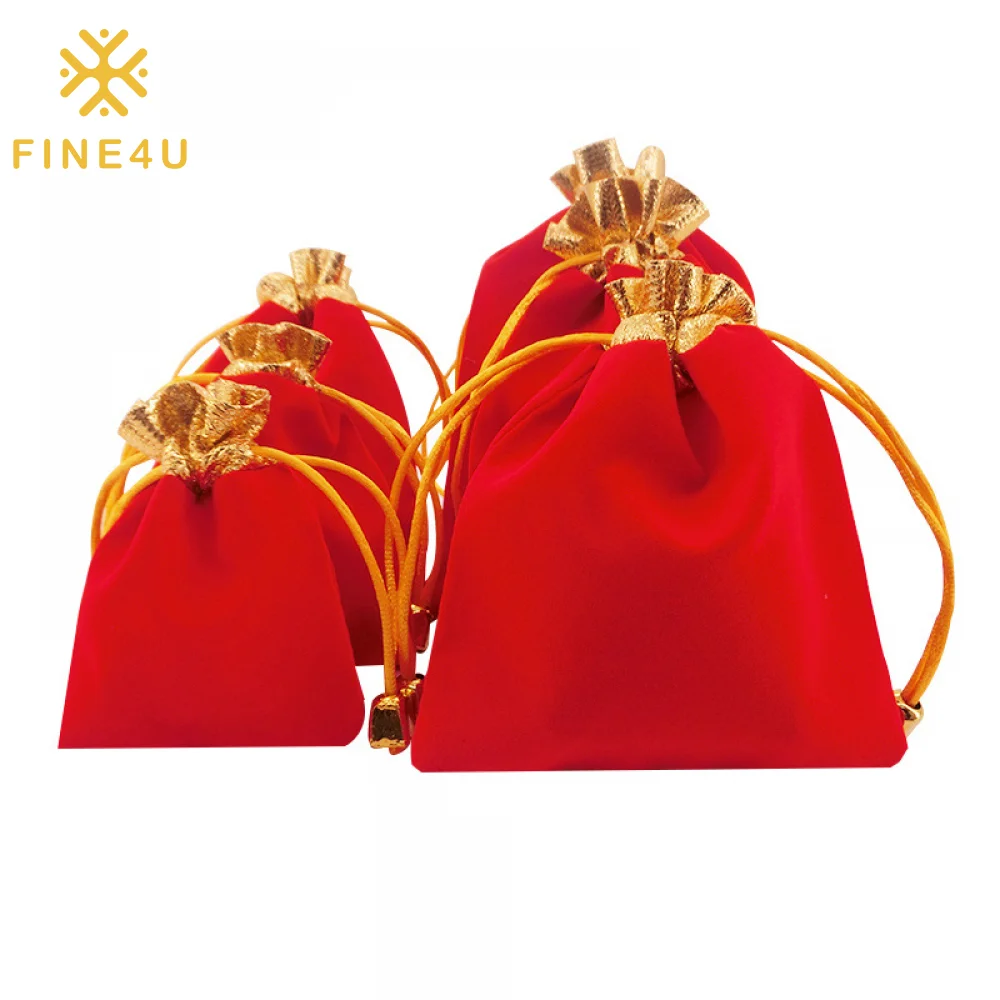 

High-end eco friendly fabric golden drawstring custom red velvet packaging bag jewelry pouch