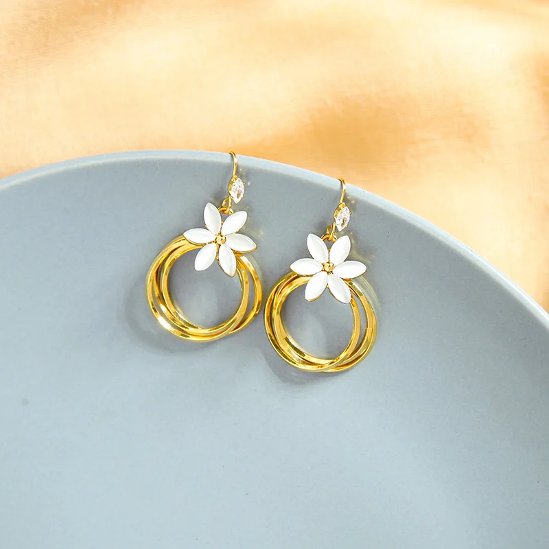 

f0010 Zircon Flower Charm Gold Plated Round Shape Fish Hook Earrings For Women