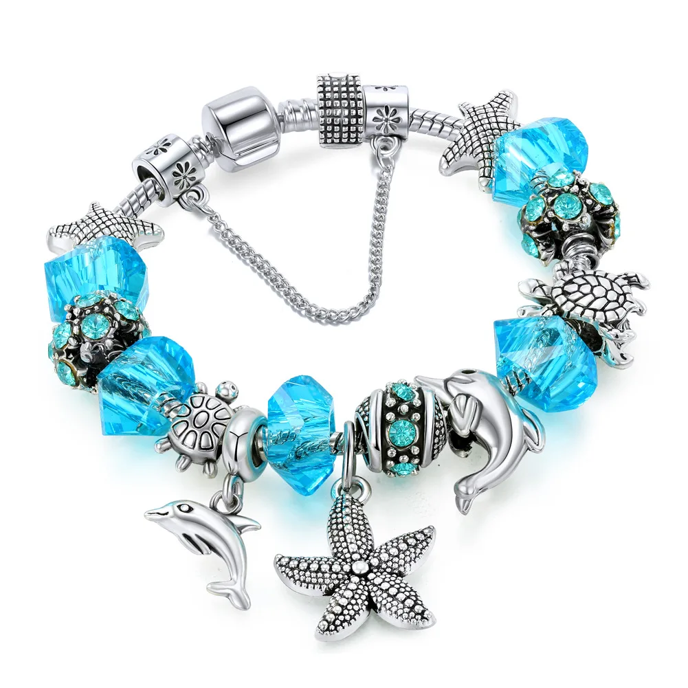

Summer Women Jewelry Silver Plated Sea Animals Dolphin Tortoise Bracelet DIY Starfish Charm Blue Crystal Bead Bracelet