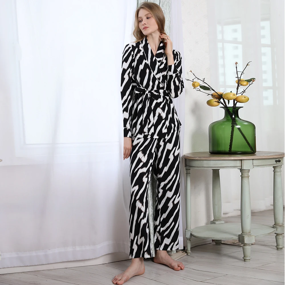 

Zebra print robe top with long pants cheap nightwear pyjamas wholesale women ladies homewear negligee comfy clothes pajamas set, Black, red, zebra