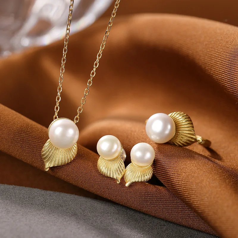 

Hotsale luxury jewelry set 18KGP 925 sterling silver natural fresh water pearl see snail pendant necklaces jewelry set