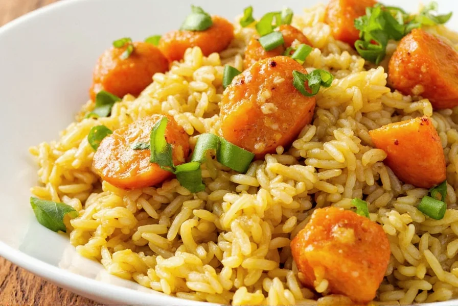 Rice cooking in a pan with bloomed spices