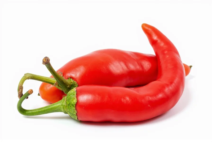 Close-up photograph of Carolina Reaper chili peppers showing their distinctive red color and stinger-like tail against a white background