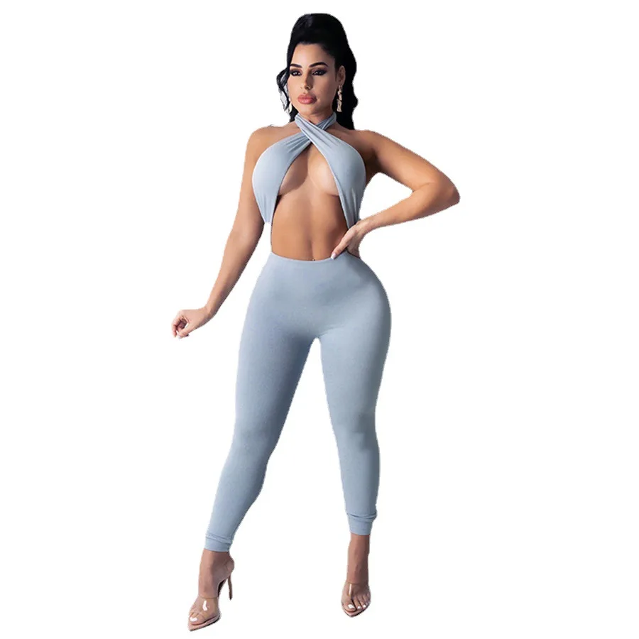 

2021 Summer Women Slim Fit Criss Cross Tank Top Sportswear Custom Logo Printed High Waist One Piece Jumpsuit