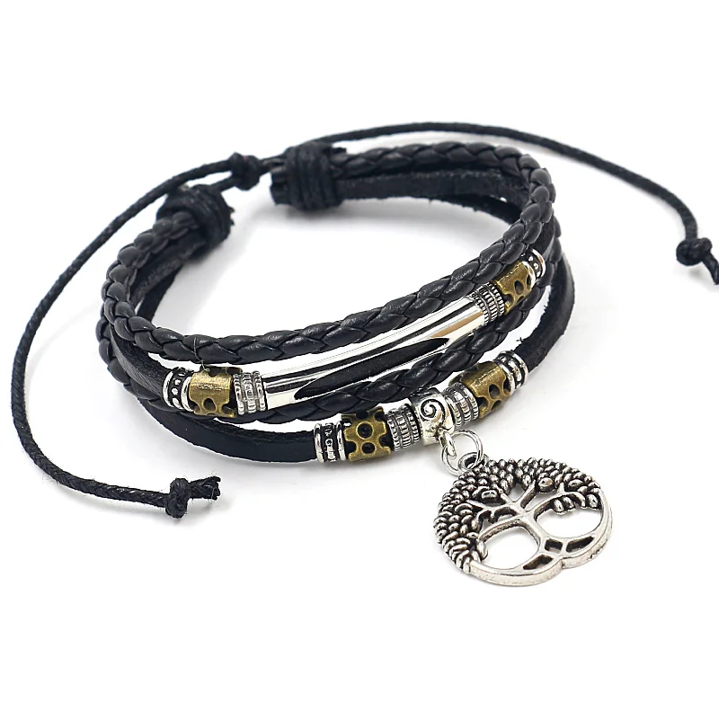 

New Unisex Fashion Accessories Handmade Drawstring Design Multi-layer Leather Tree of Life Pendant Charm Bracelets, Black, brown