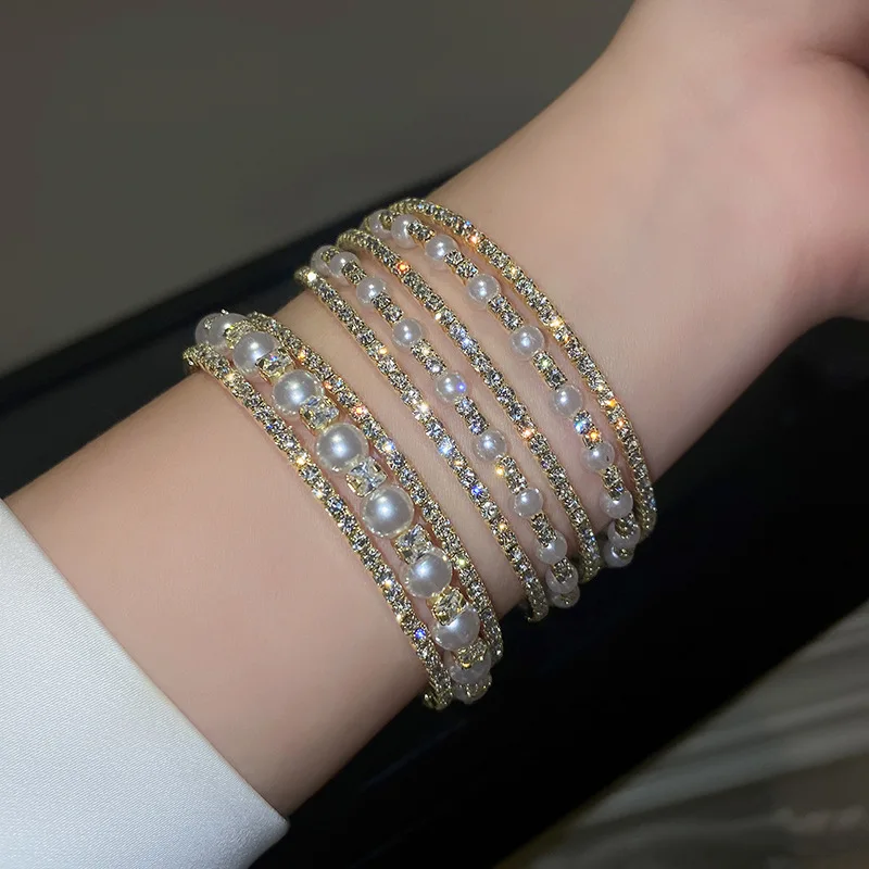 

Sailing Jewelry Baroque Multi Layer Pearl Bracelets Full Rhinestone Crystal Bracelet