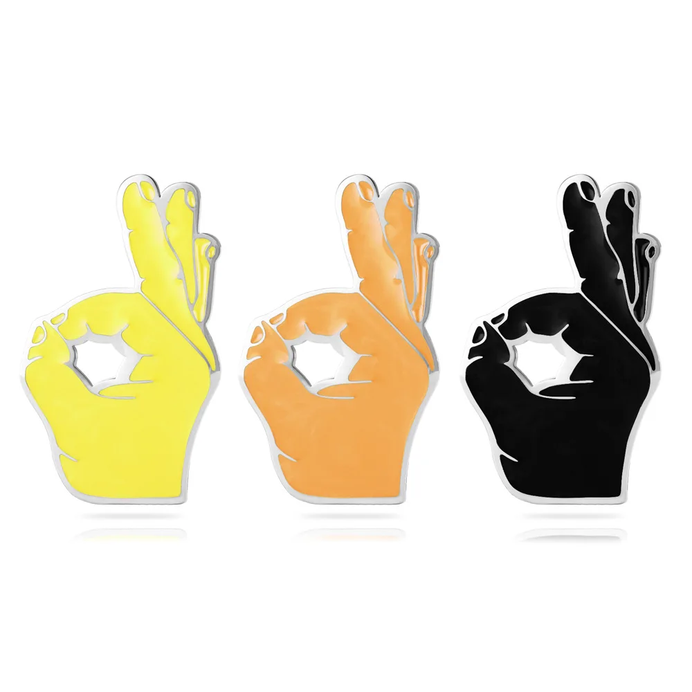 

2020 Gift Fashion Metal Jewelry Alloy Women Men Motivational Stainless Steel Enamelled Finger Gesture Language OK Hand Brooch, Black,yellow,orange