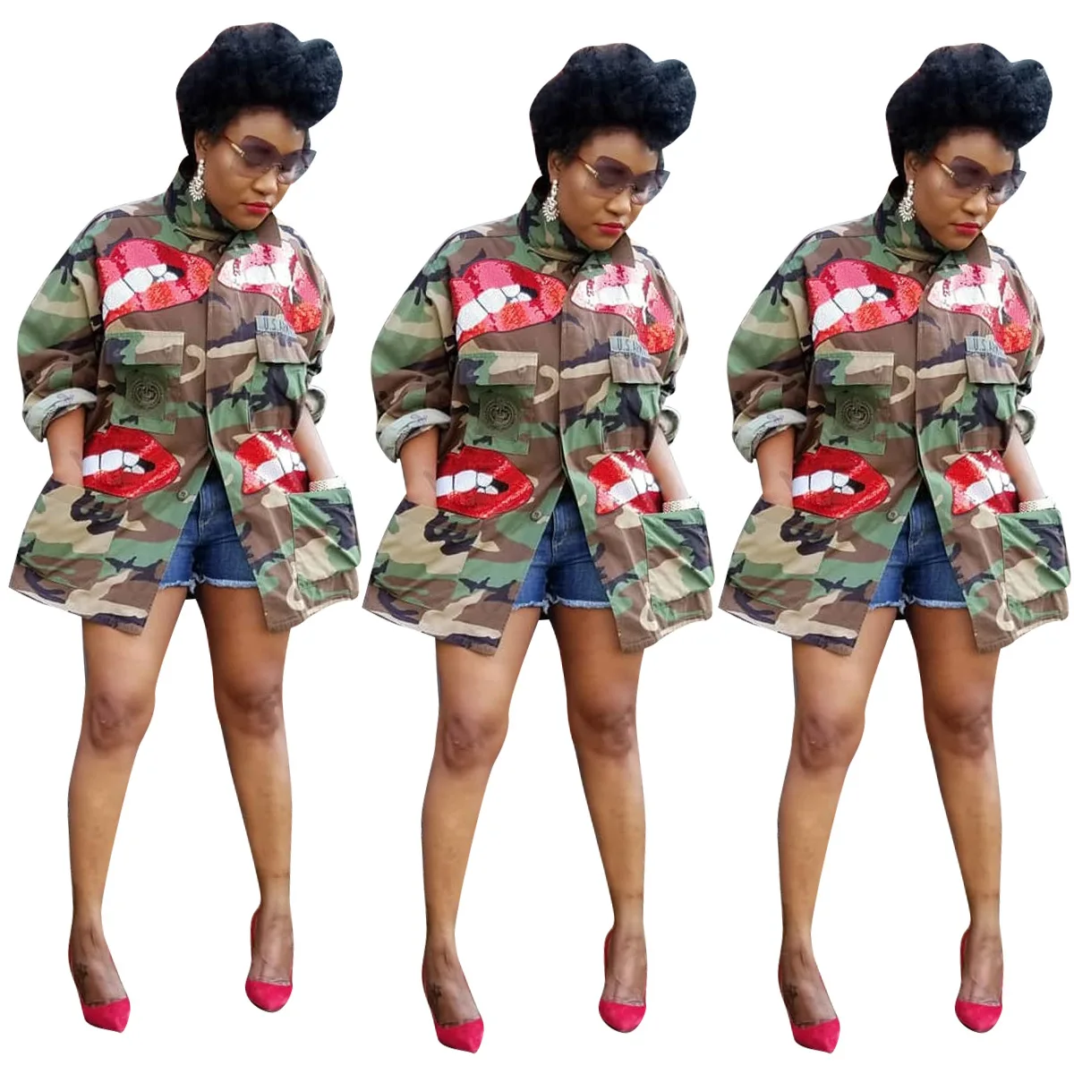 

Winter Lady Long Style Oversized Army Sequin Glitter Lips Design Women Fall Clothing Plus Size Coats Plus Size Jackets