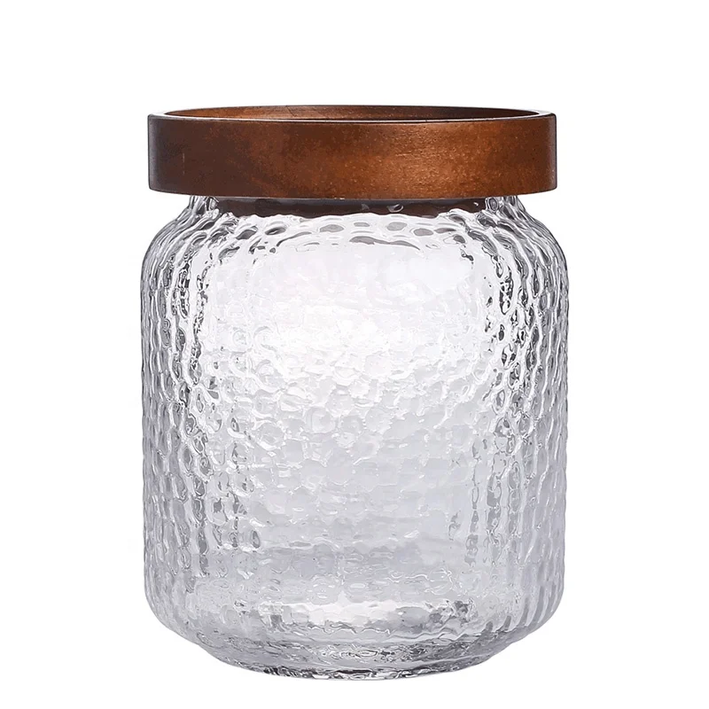 

350/500/850ml Hammer mesh transparent glass sealed jar with wooden lid, moisture-proof sealed jar