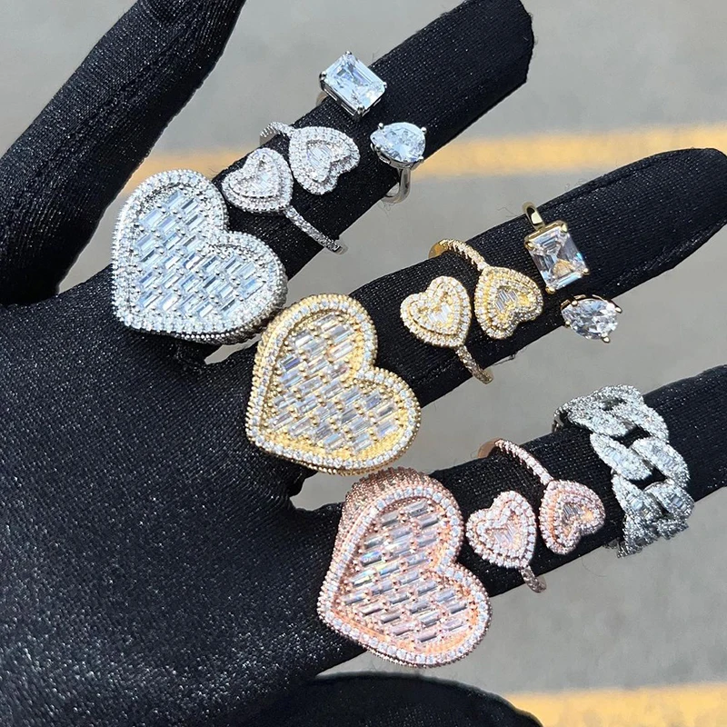 

Iced Out Bling Rings Charm Luxury Jewelry Engagement Gift Baguette Double Heart Ring For Women