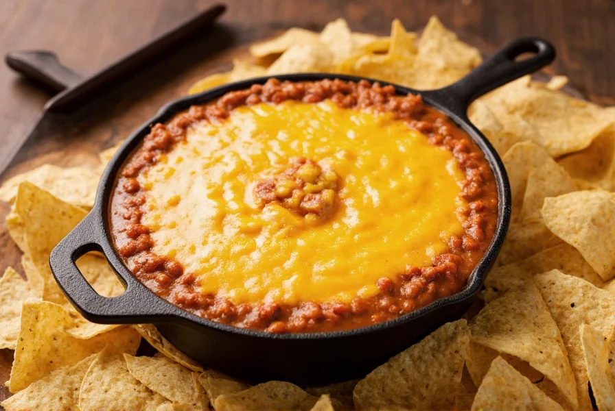 Creamy chili cheese dip with cream cheese served in cast iron skillet with tortilla chips arranged around it