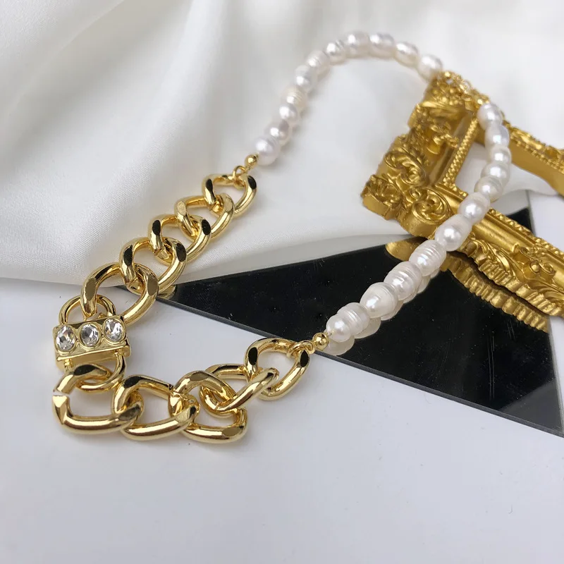 

Pearl and chain mixed 18K real gold stainless steel big chain women necklace