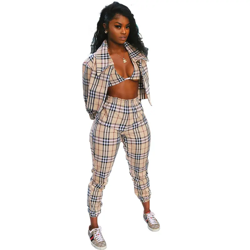 

2021 New Arrivals Plaid High Waist Streetwear Pants Three Piece Set Women Clothing