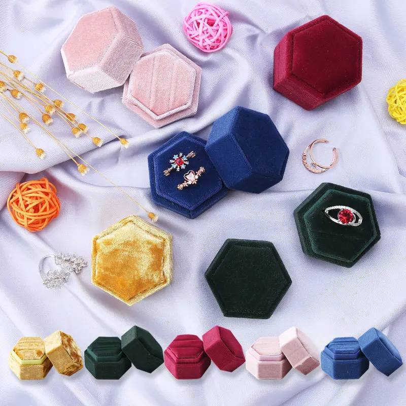 

Hexagon Square Shape Velvet Jewelry Box Double Ring Storage Box Wedding Ring Display For Woman Gift Earrings Packaging, Red/pink/blue/green/gold