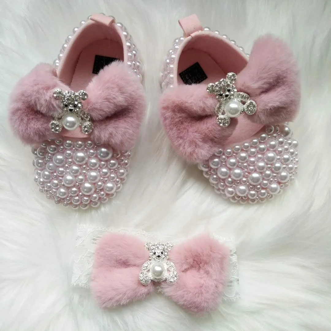 

Baby Girl Cute Pearl Crib Shoes Custom Baptism Shoes Cute Pink Princess Shoes and Hair Bow Set