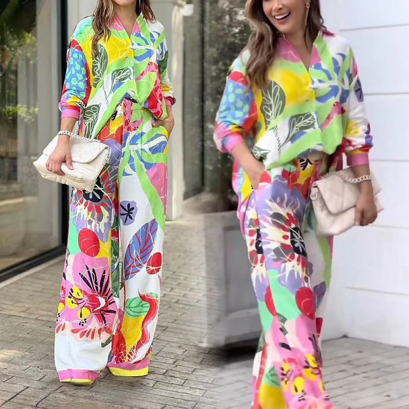 Fall Womens Clothing Match Casual Temperament commuter Long Sleeve Loose Shirt High Waisted Wide Leg Pants Two Piece Ladies Sets