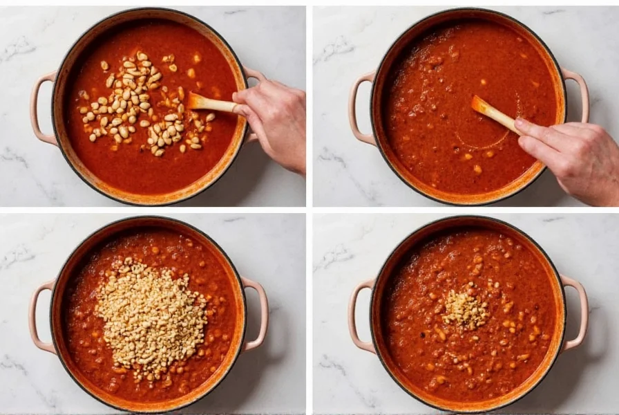 Step-by-step cooking process showing beans being added to simmering chili at the perfect moment