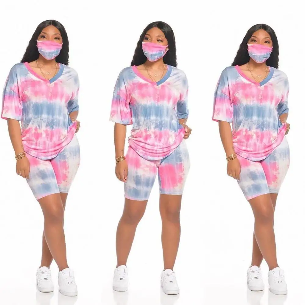 Wholesale 8555 Women Clothing  Tie-dye Short Sleeves Casual 2 Piece Women Outfit Two Pieces  Set