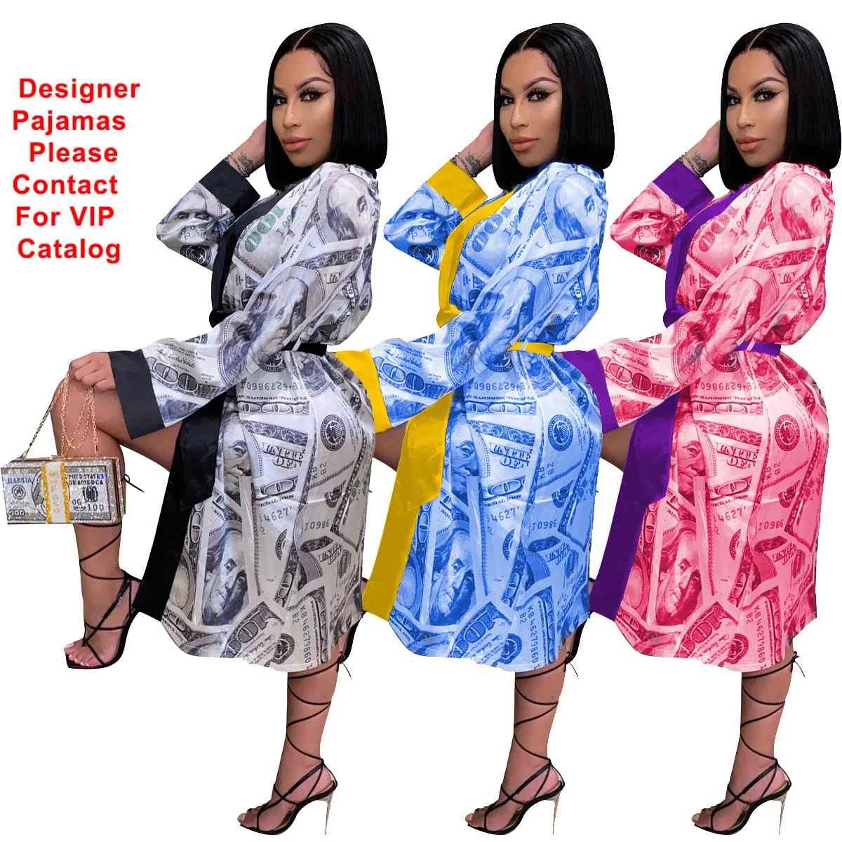 

Designer Bulk Sexy Femmes Robe Sleepwear Lingerie Luxury Longue Bath Women Money Robe Silk Satin Robe