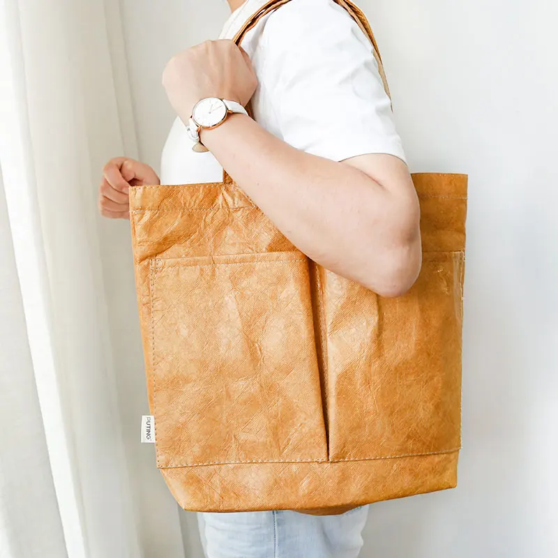 

Washable Tyvek Kraft Paper Shopping Bag Single Shoulder Handbag Dupont Paper Tote Bag with Cotton Linen Lining, Can be customized