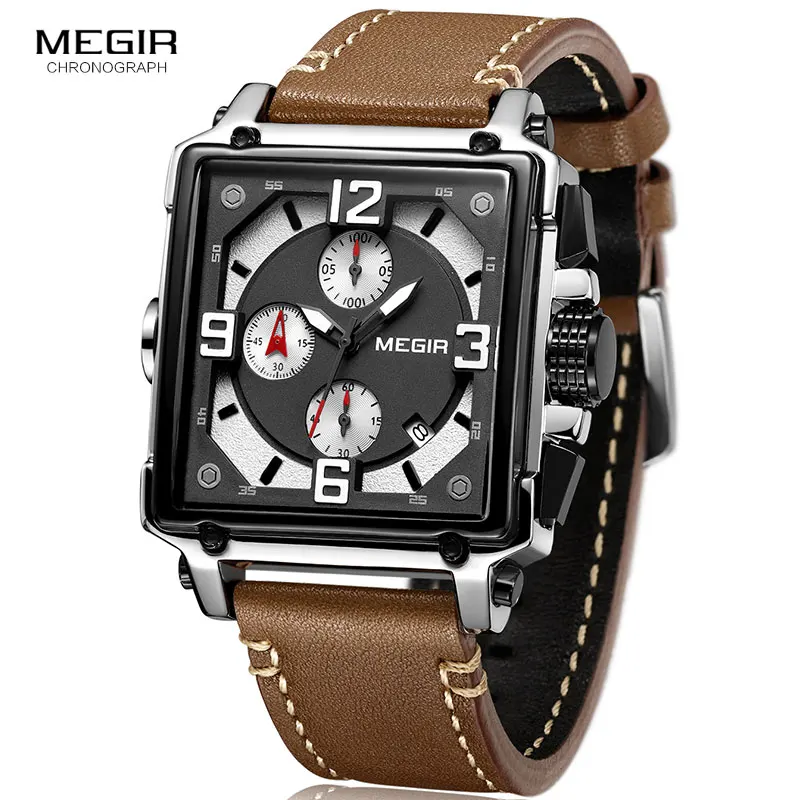 

MEGIR 2061 top 10 brands popular mens quartz watch vive Leather Strap Chronograph water resist vintage sports reloj watch