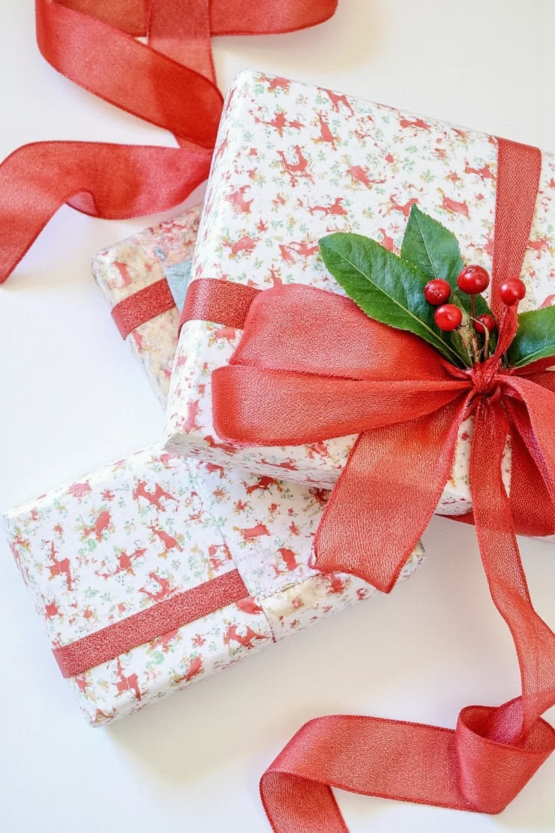 Gift boxes decorated with festive wrapping paper cutouts