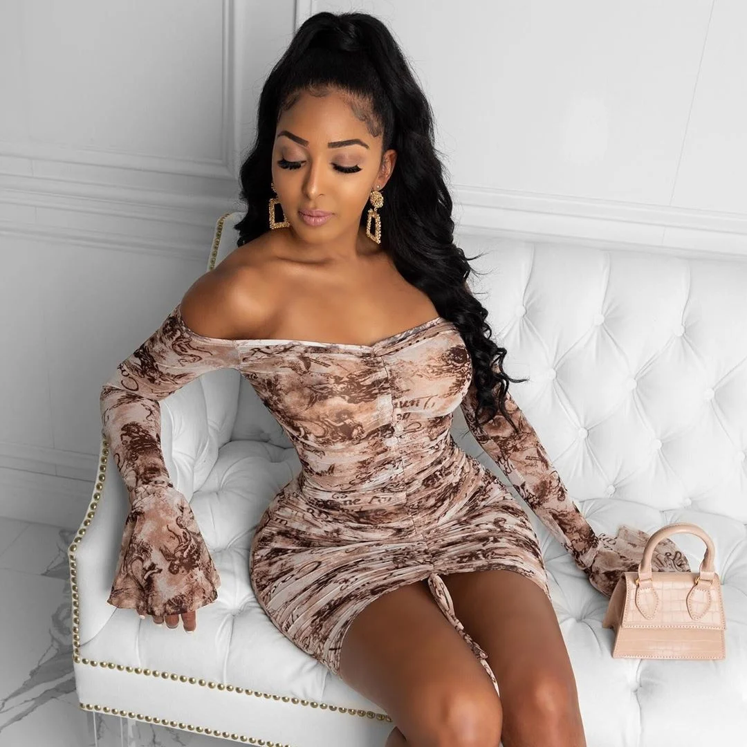 

2021 New Popular Fall Women Long Sleeve Print Off Shoulder Ruffle Mini Dress