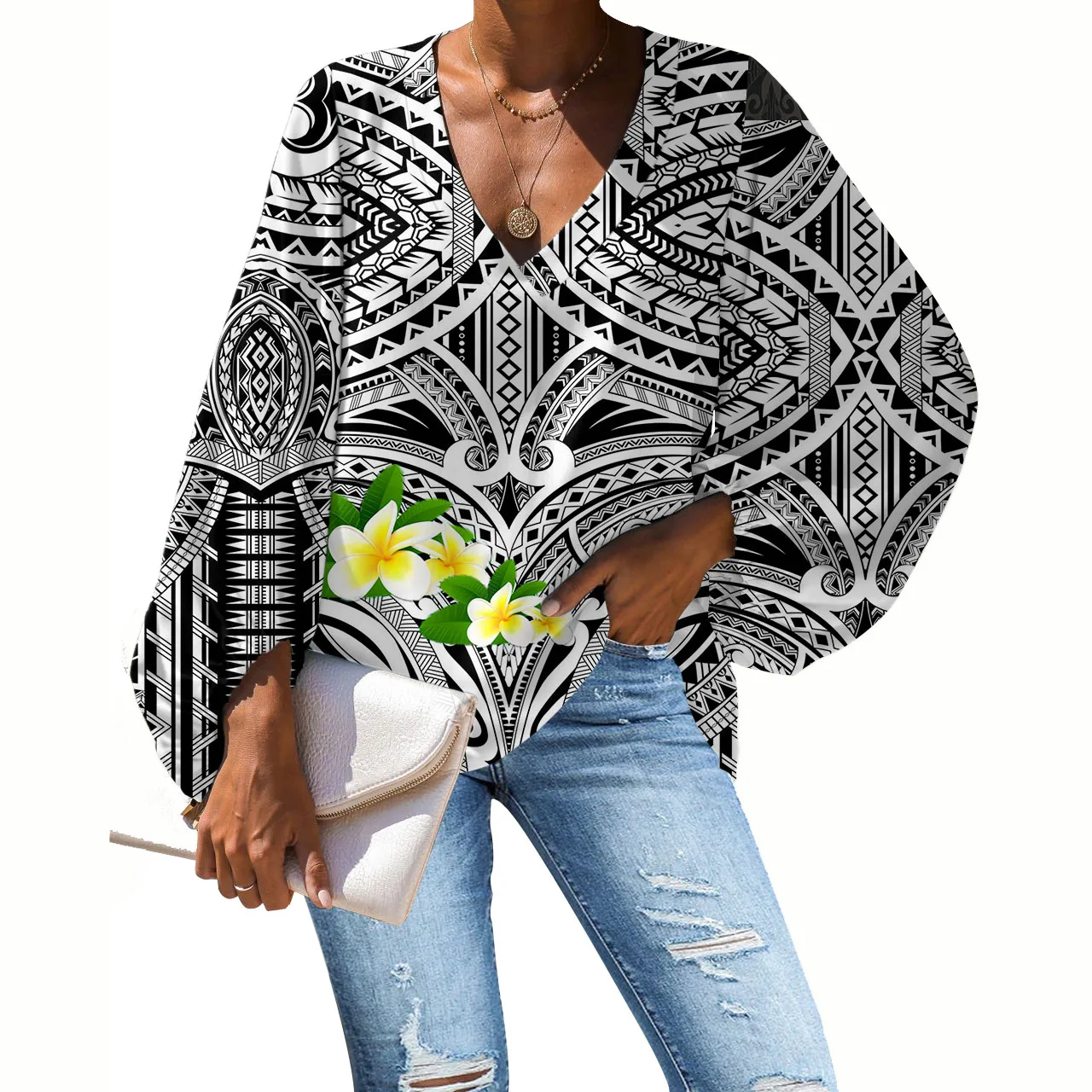 

Wholesale Custom Printed Polynesian Traditional Tribal Long Sleeve Blouse Tops Loose Chiffon Shirts Clothes Women Clothing