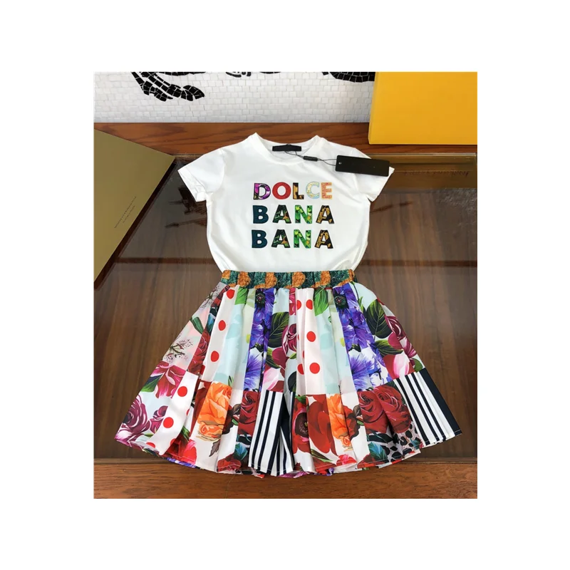 

High-end children's clothing girls printed t-shirts summer big children foreign style plaid suit skirt net red girls fashion