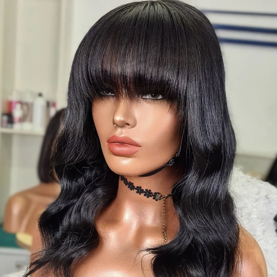 

Wholesale 100% Virgin Brazilian Human Hair Bangs Wigs With Fringe Transparent Lace Straight Body Wave Wigs For Black Women
