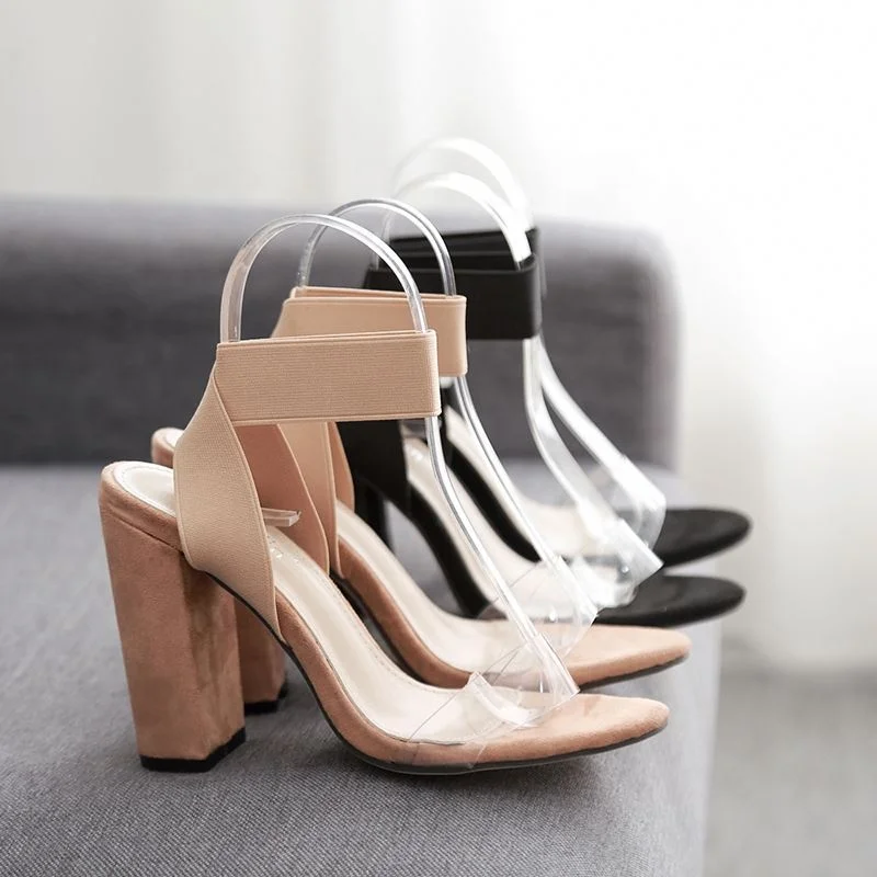 

Professional Woman PVC clear square sexy chunky block heels cross women shoes, Nude/black