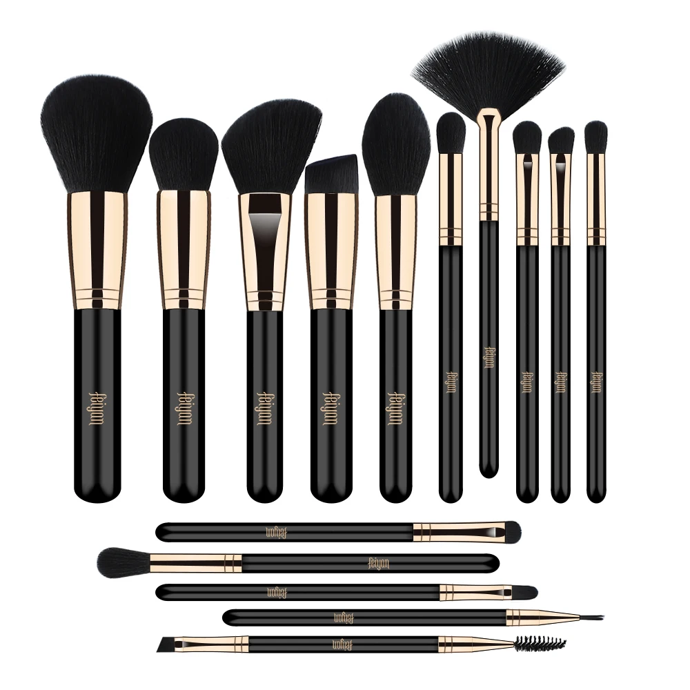 

FEIYAN Factory custom private label 15 pcs black rose gold handle vegan synthetic soft and dense hair make up brushes